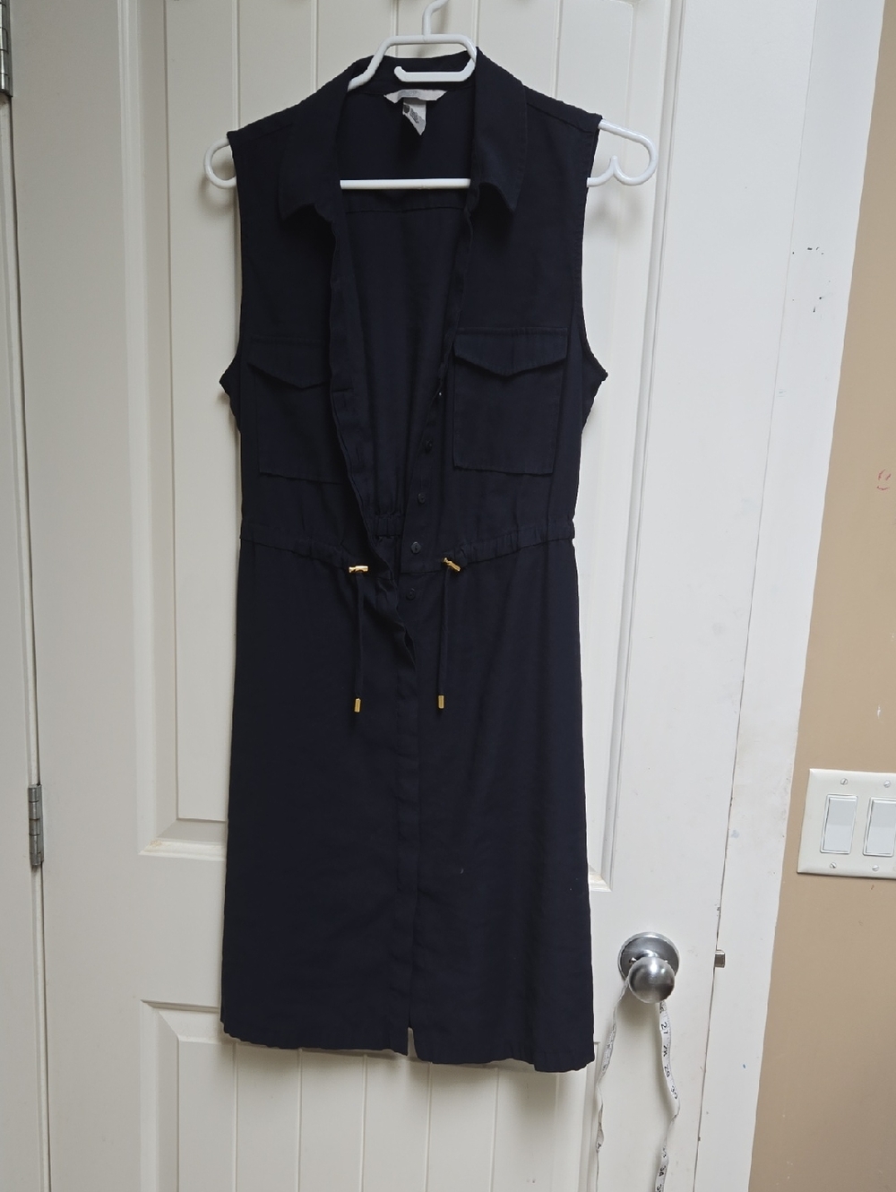 H&M Women'sSleeveless Dark Blue  Navy Midi Shirt Dress with Drawstring Waist